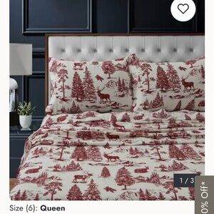 Queen Woodland Deer Print Sheet Set in Cream and Maroon, extra deep
